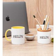Hediye Dükkanı Kişiye Özel Çiçek Harf Tasarım isim Yazılı Sarı Kupa Bardak ve Kalemlik
