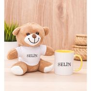 Hediye Dükkanı Kişiye Özel Çiçek Harf Tasarım isim Yazılı Sarı Kupa Bardak ve Peluş Ayıcık