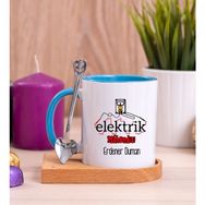Hediye Dükkanı Kişiye Özel Elektrik Mühendisi Ahşap Altlıklı Kaşıklı Mavi Kupa