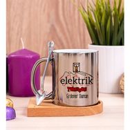 Hediye Dükkanı Kişiye Özel Elektrik Teknisyeni Ahşap Altlıklı Kaşıklı Silver Kupa Bardak