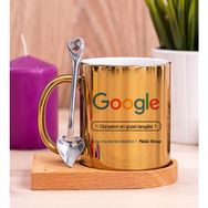 Hediye Dükkanı Kişiye Özel Google Tasarım Esprili Ahşap Altlıklı Gold Kupa Bardak