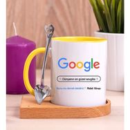 Hediye Dükkanı Kişiye Özel Google Tasarım Esprili Ahşap Altlıklı Sarı Kupa Bardak