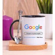 Hediye Dükkanı Kişiye Özel Google Tasarım Esprili Ahşap Altlıklı Siyah Kupa Bardak