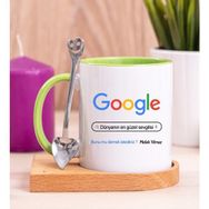 Hediye Dükkanı Kişiye Özel Google Tasarım Esprili Ahşap Altlıklı Yeşil Kupa Bardak