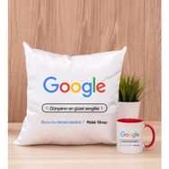 Hediye Dükkanı Kişiye Özel Google Tasarım Esprili Kırmızı Kupa Bardak ve Kare Yastık