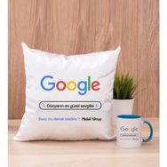 Hediye Dükkanı Kişiye Özel Google Tasarım Esprili Mavi Kupa Bardak ve Kare Yastık