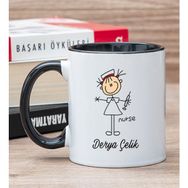 Hediye Dükkanı Kişiye Özel Hemşire Karikatürü Siyah Kupa Bardak
