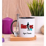 Hediye Dükkanı Kişiye Özel Hostes Ahşap Altlıklı Kaşıklı Siyah Kupa Bardak