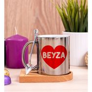 Hediye Dükkanı Kişiye Özel İsim Yazılı Kırmızı Kalpli Ahşap Altlıklı Kaşıklı Silver Kupa Bardak