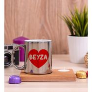 Hediye Dükkanı Kişiye Özel Isim Yazılı Kırmızı Kalpli Ahşap Altlıklı Mumlu Silver Kupa