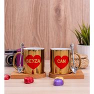 Hediye Dükkanı Kişiye Özel Isim Yazılı Kırmızı Kalpli Ikili Ahşap Altlıklı Gold Kupa