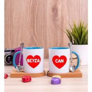 Hediye Dükkanı Kişiye Özel Isim Yazılı Kırmızı Kalpli Ikili Ahşap Altlıklı Mavi Kupa