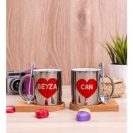 Hediye Dükkanı Kişiye Özel İsim Yazılı Kırmızı Kalpli İkili Ahşap Altlıklı Silver Kupa Bardak