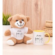 Hediye Dükkanı Kişiye Özel Karakalem Çizimli Çiçekler Sarı Kupa Bardak ve Peluş Ayıcık