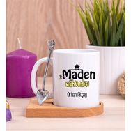 Hediye Dükkanı Kişiye Özel Maden Mühendisi Ahşap Altlıklı Kaşıklı Beyaz Kupa Bardak