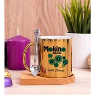 Hediye Dükkanı Kişiye Özel Makine Mühendisi Ahşap Altlıklı Kaşıklı Gold Kupa Bardak