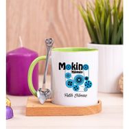 Hediye Dükkanı Kişiye Özel Makine Mühendisi Ahşap Altlıklı Kaşıklı Yeşil Kupa