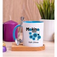 Hediye Dükkanı Kişiye Özel Makine Teknikeri Ahşap Altlıklı Kaşıklı Mavi Kupa