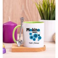 Hediye Dükkanı Kişiye Özel Makine Teknikeri Ahşap Altlıklı Kaşıklı Yeşil Kupa
