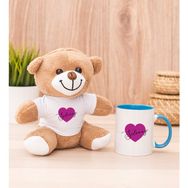 Hediye Dükkanı Kişiye Özel Mor Kalpli isimli Mavi Kupa Bardak ve Peluş Ayıcık
