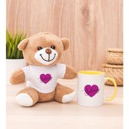 Hediye Dükkanı Kişiye Özel Mor Kalpli isimli Sarı Kupa Bardak ve Peluş Ayıcık