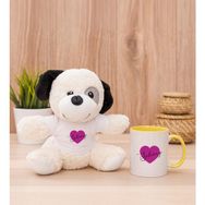 Hediye Dükkanı Kişiye Özel Mor Kalpli isimli Sarı Kupa Bardak ve Peluş Köpek