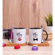 Hediye Dükkanı Kişiye Özel Mr Mrs Tasarımlı İkili Ahşap Altlıklı Siyah Kupa