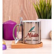 Hediye Dükkanı Kişiye Özel Müdür Ahşap Altlıklı Kaşıklı Silver Kupa Bardak