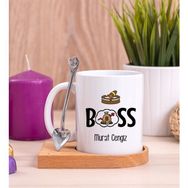Hediye Dükkanı Kişiye Özel Patron Baskılı Ahşap Altlıklı Kaşıklı Beyaz Kupa Bardak