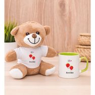 Hediye Dükkanı Kişiye Özel Sevimli Çilekler Yeşil Kupa Bardak ve Peluş Ayıcık
