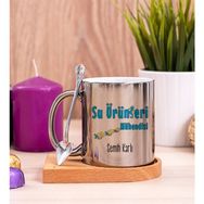 Hediye Dükkanı Kişiye Özel Su Ürünleri Mühendisi Ahşap Altlıklı Kaşıklı Silver Kupa Bardak