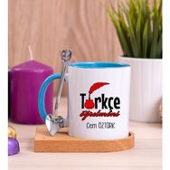 Hediye Dükkanı Kişiye Özel Türkçe Öğretmeni Ahşap Altlıklı Kaşıklı Mavi Kupa