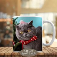 HEDIYELIK-64755 Kırmızı Papyonlu Sevimli Scottish Kedi Kupa Bardak