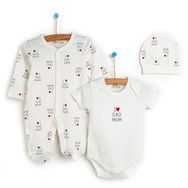 HelloBaby Yenidoğan Baby Mom&Dad Kendinden Eldivenli Unisex Ekru Tulum + Body + Şapka
