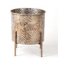 Herdekora Dalga Desenli Ayaklı Silindir Metal Altın Eskitme 21,5x24,5x21,5 cm Çiçeklik Saksı