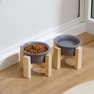 Herniks 12x10 cm Gri Ahşap Ayaklı Seramik Kedi Köpek 2'li Mama ve Su Kabı
