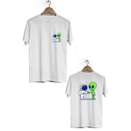 Hero Tasarım BLL1879 Beyaz Uzay Dostluğu Ön Arka Baskılı Erkek T-shirt