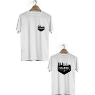 Hero Tasarım BLL2280 Beyaz İstanbul Ön Arka Baskılı Bisiklet Yaka Kısa Kollu Erkek T-shirt