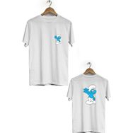 Hero Tasarım BLL2712 Beyaz Şirinler Ön Arka Baskılı Bisiklet Yaka Kısa Kollu Erkek T-shirt