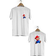 Hero Tasarım BLL2871 Beyaz Mario Ön Arka Baskılı Bisiklet Yaka Erkek T-shirt