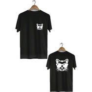 Hero Tasarım BLL835 Siyah Gözlüklü Kedi Ön Arka Baskılı Bisiklet Yaka Kısa Kollu Erkek T-shirt