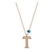HİLALSHOP 925 Ayar Gümüş Nazar Rose T Harfi Kadın Gümüş Kolye