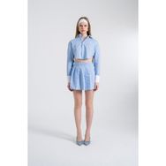 Holly Lolly HLSS24-00018 Harmony Çizgili Pilili Mavi Kadın Mini Poplin Etek