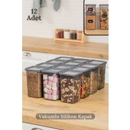 HOMENIVA 12x1.3 lt Antrasit Vakumlu Silikon Kapaklı Kare Erzak Saklama Kabı Seti
