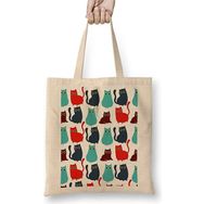 Humuts Kediler Cat Pattern Açık Bej Uzun Saplı Bez Çanta