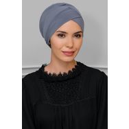 Hürrem Bone 1801_15 Gri Sandy Kumaş Çapraz Büzgülü Pratik Hazır Geçmeli Tesettür Bone