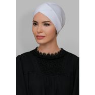 Hürrem Bone 1801_42 Beyaz Sandy Kumaş Çapraz Büzgülü Pratik Hazır Geçmeli Tesettür Bone