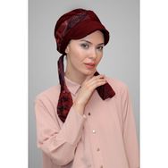 Hürrem Bone 1902_16 Bordo Kesik Elyaf Desenli Şifon Kemerli Şapkalı Tesettür Bone