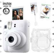 Instax Mini 12 Beyaz Fotoğraf Makinesi 10'lu Film Kıskaçlı Resim Standı ve Simli Pleksi Kılıf Seti