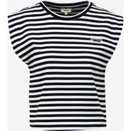 Jeep C4SL-TST4092 Siyah Ekru Bisiklet Yaka Crop Top Çizgili Kadın T-Shirt